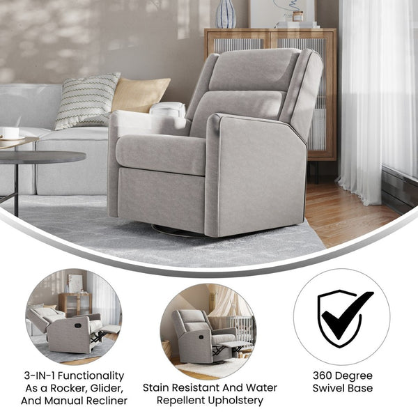 English Elm Cash Swivel Glider Rocker Recliner Chair - 3-in-1 Comfort for Living Room, Bedroom, or Nursery Use Light Gray CY-RAC-536-LTGRY-GG