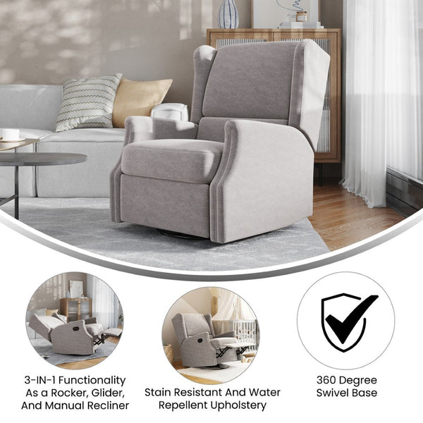 English Elm Omma Swivel Glider Rocker Recliner Chair - Elegant 3-in-1 Comfort for Living Room, Nursery & More Light Gray CY-RAC-537-LTGRY-GG