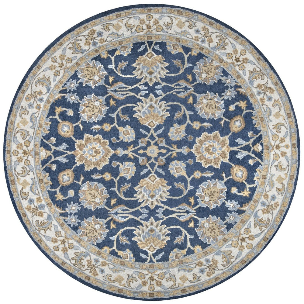 Alora Decor Crypt Blue Round Rug Hand-Tufted 100% New Zealand Wool — Traditional Floral Medallion In Blue, Ivory, Brown CPTCY1004573708RD