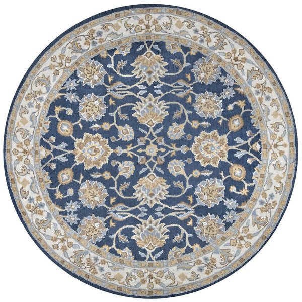 Alora Decor Crypt Blue Round Rug Hand-Tufted 100% New Zealand Wool — Traditional Floral Medallion In Blue, Ivory, Brown CPTCY1004573708RD