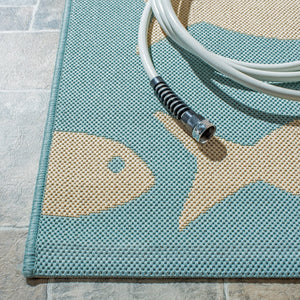 Safavieh Courtyard Coastal Charm Runner Rug - Whimsical Fish Design In Serene Blues And Soothing Beiges Aqua ,Beige 88% Polypropylene,12% Polyester Cy6012-223-216