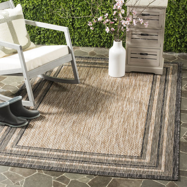 Safavieh Courtyard Low-Profile Power-Loomed Rug From Turkey — Neutral Beige With Green Border, Durable Stain-Resist 2'-3" x 5'-0" CY8475-37312-25