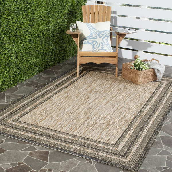 Safavieh Courtyard Low-Profile Power-Loomed Rug From Turkey — Neutral Beige With Green Border, Durable Stain-Resist 2'-3" x 5'-0" CY8475-37312-25