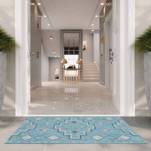 Safavieh Coutyard Stylish Indoor/Outdoor Area Rug In Chic Grey And Aqua With Dynamic Geometric Pattern Navy ,Aqua 88% Polypropylene,12% Polyester Cy8533-39421-4