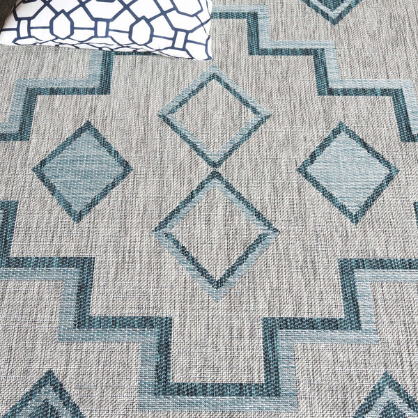 Safavieh Coutyard Stylish Indoor/Outdoor Area Rug In Chic Grey And Aqua With Dynamic Geometric Pattern Navy ,Aqua 88% Polypropylene,12% Polyester Cy8533-39421-4