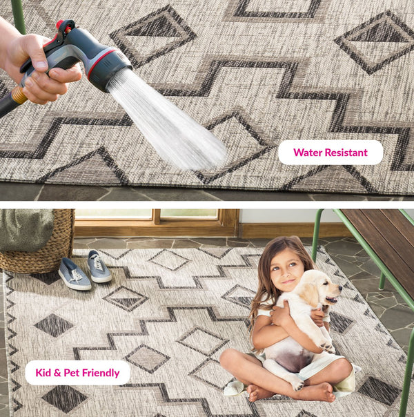 Safavieh Coutyard Stylish Indoor/Outdoor Area Rug In Chic Grey And Aqua With Dynamic Geometric Pattern Navy ,Aqua 88% Polypropylene,12% Polyester Cy8533-39421-4