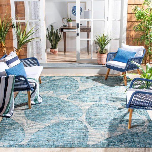 Safavieh Courtyard Elegant Tropical Leaf Area Rug - Durable Indoor/Outdoor Design For Modern Spaces Grey ,Aqua 88% Polypropylene,12% Polyester Cy8556-37212-810