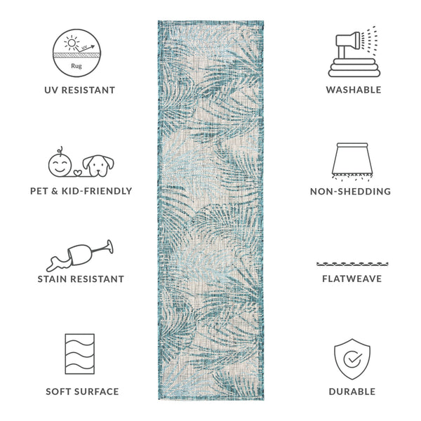 Safavieh Courtyard Timeless Grey And Aqua Area Rug With Elegant Palm Leaf Pattern For Indoor And Outdoor Spaces Aqua ,Navy 88% Polypropylene,12% Polyester Cy8557-39421-4