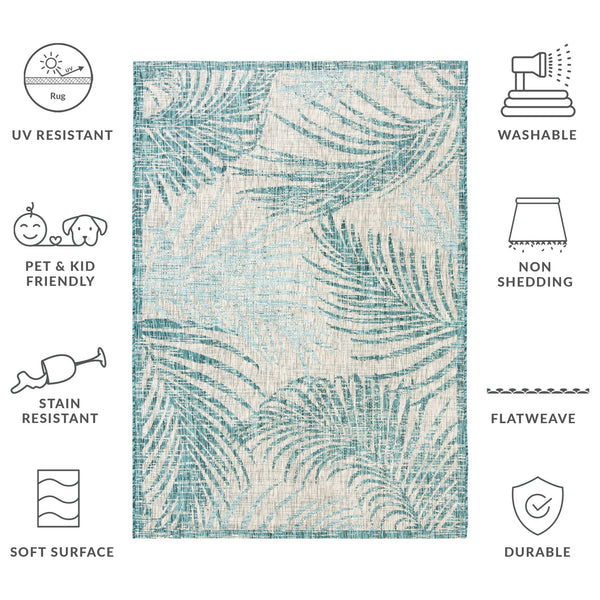 Safavieh Courtyard Timeless Grey And Aqua Area Rug With Elegant Palm Leaf Pattern For Indoor And Outdoor Spaces Aqua ,Navy 88% Polypropylene,12% Polyester Cy8557-39421-4