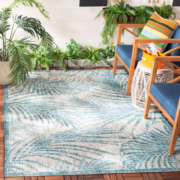 Safavieh Courtyard Timeless Grey And Aqua Area Rug With Elegant Palm Leaf Pattern For Indoor And Outdoor Spaces Aqua ,Navy 88% Polypropylene,12% Polyester Cy8557-39421-4