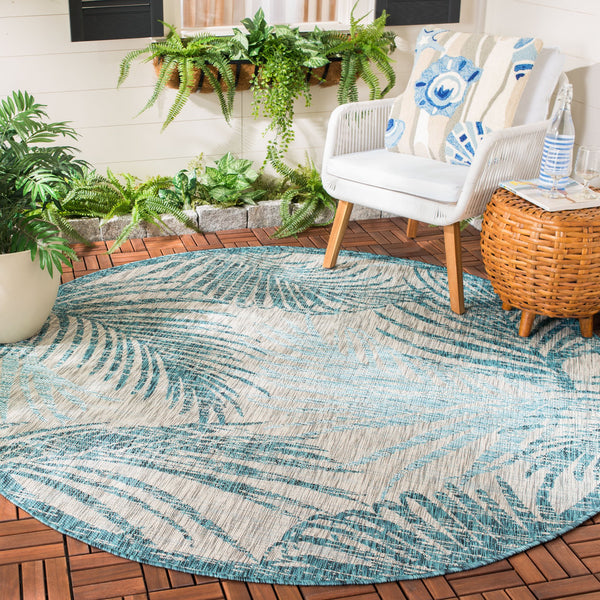 Safavieh Courtyard Timeless Grey And Aqua Area Rug With Elegant Palm Leaf Pattern For Indoor And Outdoor Spaces Aqua ,Navy 88% Polypropylene,12% Polyester Cy8557-39421-4