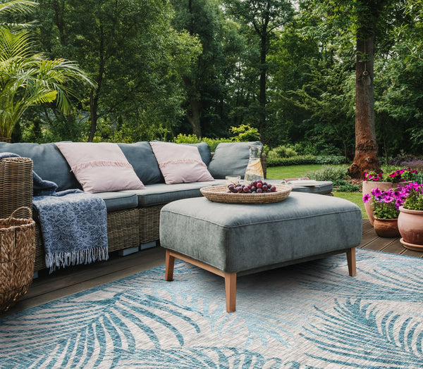 Safavieh Courtyard Timeless Grey And Aqua Area Rug With Elegant Palm Leaf Pattern For Indoor And Outdoor Spaces Aqua ,Navy 88% Polypropylene,12% Polyester Cy8557-39421-4