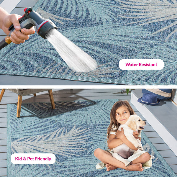 Safavieh Courtyard Timeless Grey And Aqua Area Rug With Elegant Palm Leaf Pattern For Indoor And Outdoor Spaces Aqua ,Navy 88% Polypropylene,12% Polyester Cy8557-39421-4