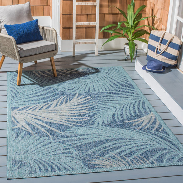 Safavieh Courtyard Timeless Grey And Aqua Area Rug With Elegant Palm Leaf Pattern For Indoor And Outdoor Spaces Aqua ,Navy 88% Polypropylene,12% Polyester Cy8557-39421-4