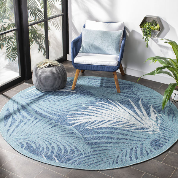 Safavieh Courtyard Timeless Grey And Aqua Area Rug With Elegant Palm Leaf Pattern For Indoor And Outdoor Spaces Aqua ,Navy 88% Polypropylene,12% Polyester Cy8557-39421-4