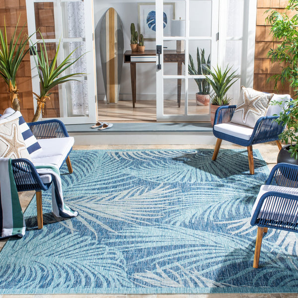 Safavieh Courtyard Timeless Grey And Aqua Area Rug With Elegant Palm Leaf Pattern For Indoor And Outdoor Spaces Aqua ,Navy 88% Polypropylene,12% Polyester Cy8557-39421-4