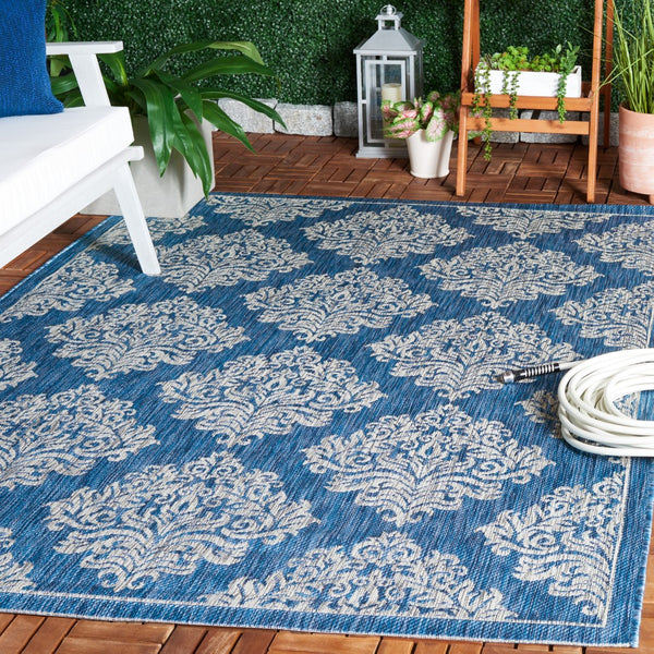 Safavieh Courtyard Exquisite Damask Area Rug - Timeless Elegance For Indoor And Outdoor Spaces, Oeko-tex Certified Blue ,Grey 88% Polypropylene,12% Polyester Cy8668-37221-6