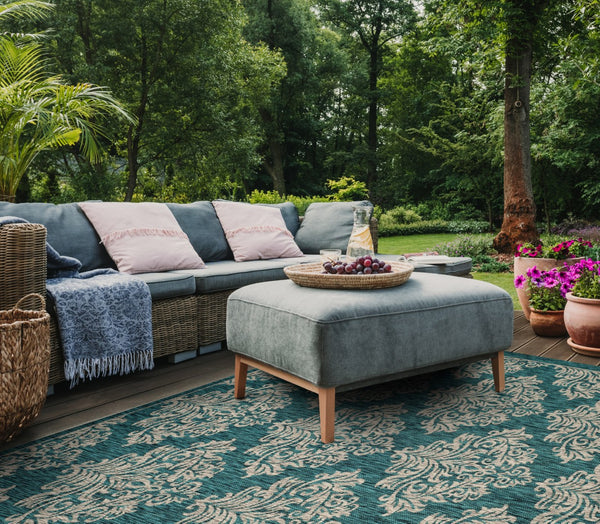 Safavieh Courtyard Exquisite Damask Area Rug - Timeless Elegance For Indoor And Outdoor Spaces, Oeko-tex Certified Blue ,Grey 88% Polypropylene,12% Polyester Cy8668-37221-6