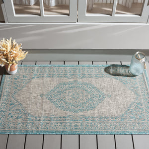 Safavieh Courtyard Elegant Terracotta Runner Rug - Timeless Design, Durable, Oeko-tex Certified For Indoor/Outdoor Use Light Grey ,Aqua 88% Polypropylene,12% Polyester Cy8751-37112-3