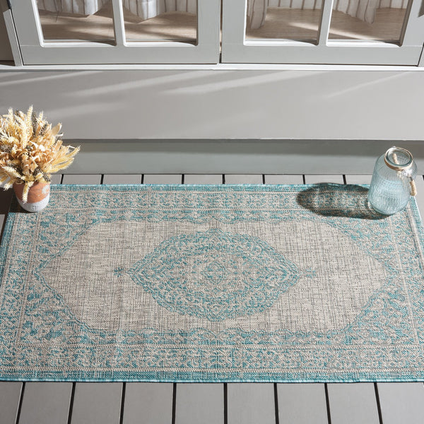 Safavieh Courtyard Elegant Terracotta Runner Rug - Timeless Design, Durable, Oeko-tex Certified For Indoor/Outdoor Use Light Grey ,Aqua 88% Polypropylene,12% Polyester Cy8751-37112-3