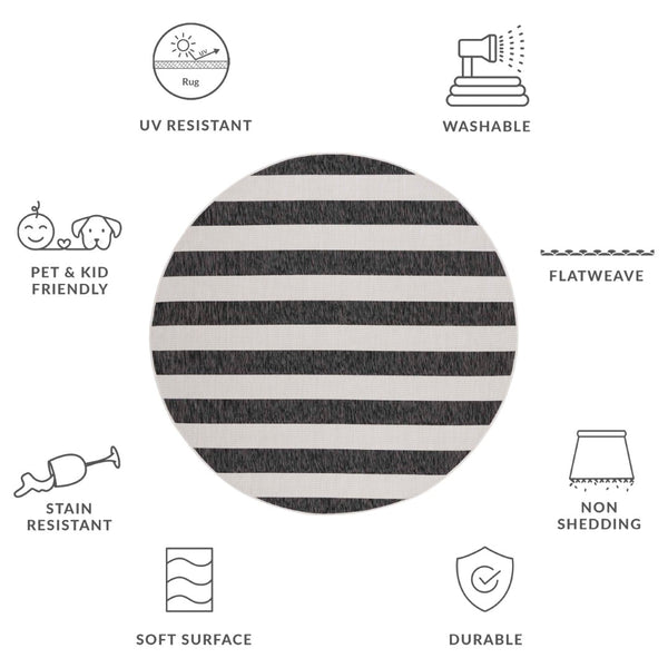 Safavieh Courtyard Modern Striped Area Rug - Elegant Turkish Design For Chic Home Decor & Comfort Upgrade Ivory ,Black 88% Polypropylene,12% Polyester Cy8812-53712-5r