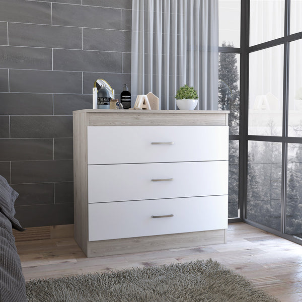 English Elm Melia sleek three-drawer dresser with metal handles, minimalist modern design and sturdy storage benefits White 36.2 L x 20.5 W x 7.9 H B20092096