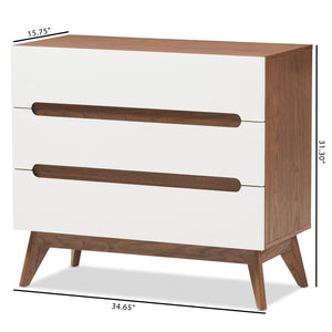 Baxton Studio Baxton Studio Calypso 3-Drawer Storage Chest: Mid-Century Modern Walnut & White, Stylish Functionality Calypso-Walnut/White-3DW-Chest