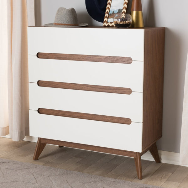 Baxton Studio Baxton Studio Calypso Mid-Century Modern Storage Chest with Two-Tone White & Walnut Finish 4-Drawer Calypso-Walnut/White-4DW-Chest