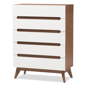 Baxton Studio Baxton Studio Calypso Mid-Century Modern Storage Chest with Two-Tone White & Walnut Finish 5-Drawer Calypso-Walnut/White-5DW-Chest