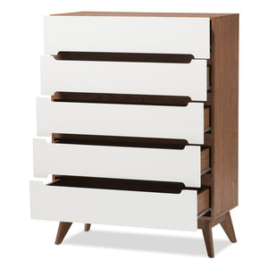Baxton Studio Baxton Studio Calypso Mid-Century Modern Storage Chest with Two-Tone White & Walnut Finish 5-Drawer Calypso-Walnut/White-5DW-Chest