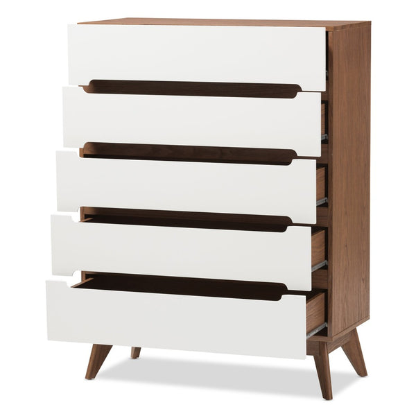 Baxton Studio Baxton Studio Calypso Mid-Century Modern Storage Chest with Two-Tone White & Walnut Finish 5-Drawer Calypso-Walnut/White-5DW-Chest
