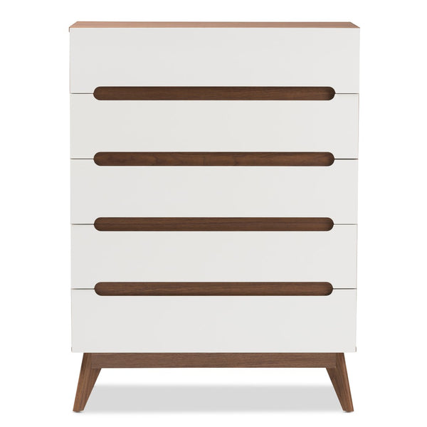 Baxton Studio Baxton Studio Calypso Mid-Century Modern Storage Chest with Two-Tone White & Walnut Finish 5-Drawer Calypso-Walnut/White-5DW-Chest