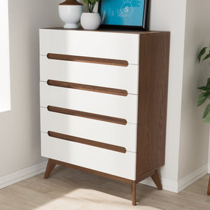 Baxton Studio Baxton Studio Calypso Mid-Century Modern Storage Chest with Two-Tone White & Walnut Finish 5-Drawer Calypso-Walnut/White-5DW-Chest