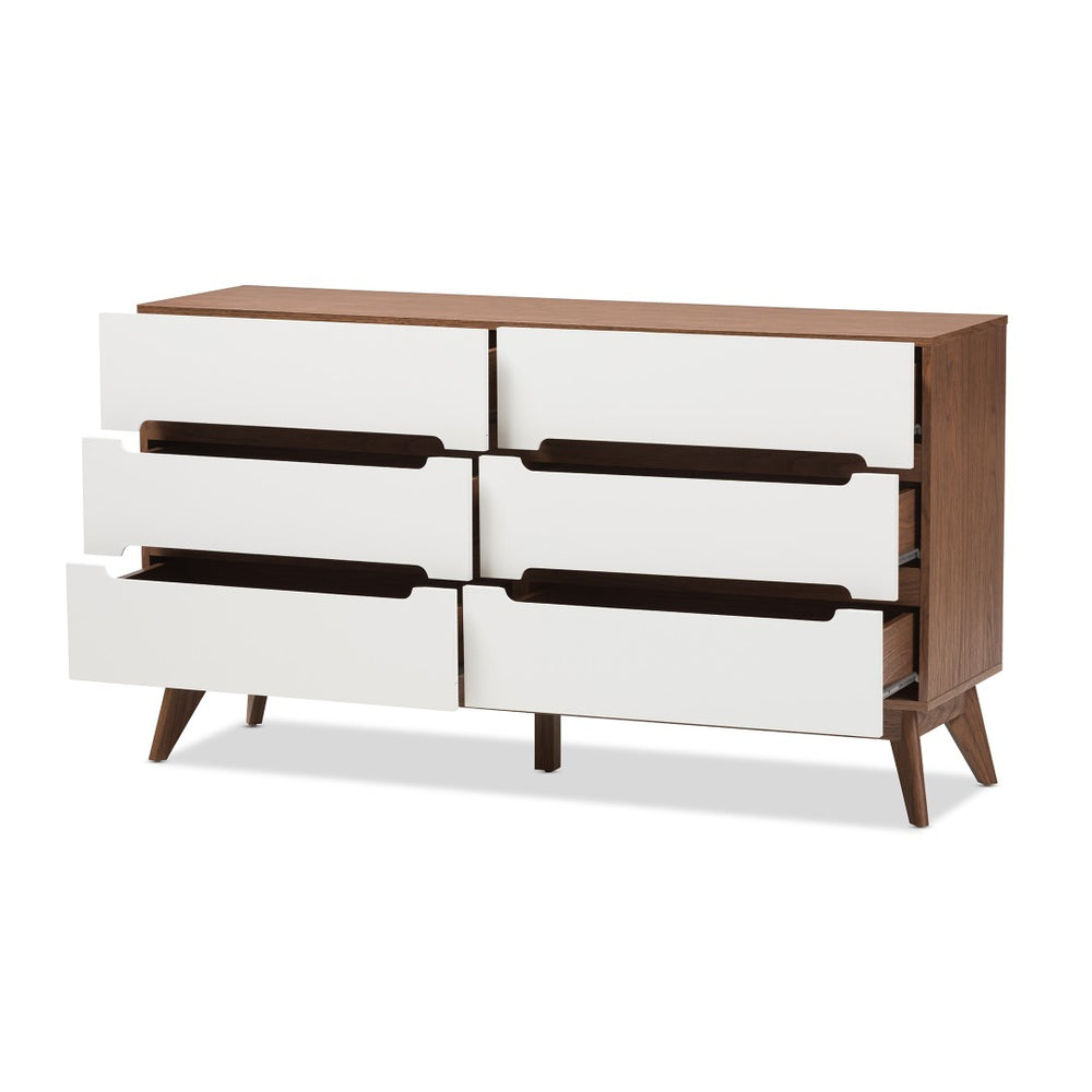 Baxton Studio Baxton Studio Calypso Mid-Century Modern 6-Drawer Dresser in White & Walnut for Elegant Storage Calypso-Walnut/White-6DW-Chest
