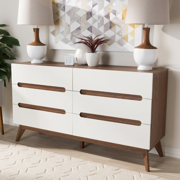 Baxton Studio Baxton Studio Calypso Mid-Century Modern 6-Drawer Dresser in White & Walnut for Elegant Storage Calypso-Walnut/White-6DW-Chest