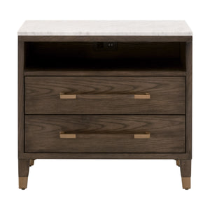 Essentials for Living Cambria 2-Drawer Nightstand Dutch Brown Oak, Bianco Marble, Aged Brass