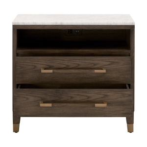 Essentials for Living Cambria 2-Drawer Nightstand Dutch Brown Oak, Bianco Marble, Aged Brass