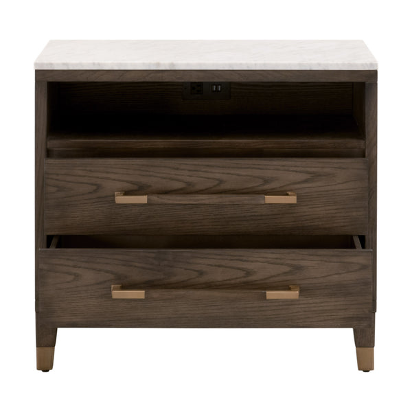Essentials for Living Cambria 2-Drawer Nightstand Dutch Brown Oak, Bianco Marble, Aged Brass