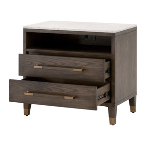 Essentials for Living Cambria 2-Drawer Nightstand Dutch Brown Oak, Bianco Marble, Aged Brass