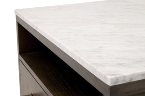 Essentials for Living Cambria 2-Drawer Nightstand Dutch Brown Oak, Bianco Marble, Aged Brass