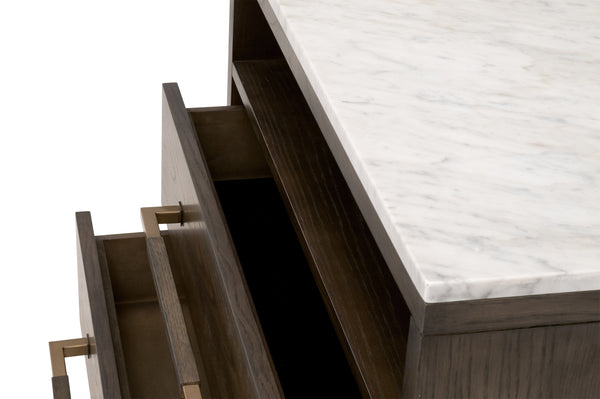 Essentials for Living Cambria 2-Drawer Nightstand Dutch Brown Oak, Bianco Marble, Aged Brass
