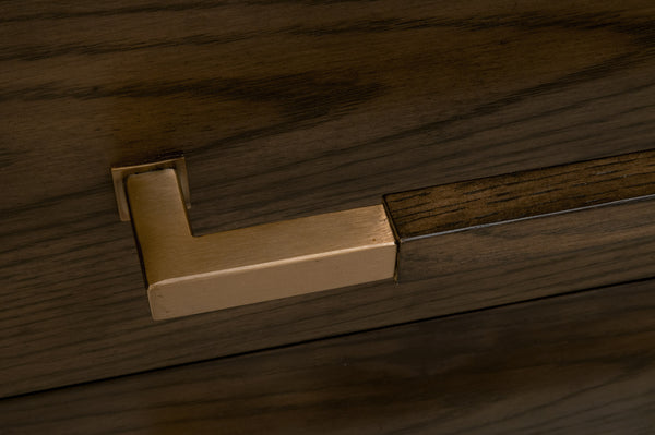 Essentials for Living Cambria 2-Drawer Nightstand Dutch Brown Oak, Bianco Marble, Aged Brass