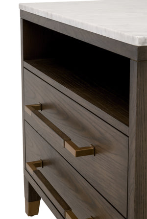 Essentials for Living Cambria 2-Drawer Nightstand Dutch Brown Oak, Bianco Marble, Aged Brass