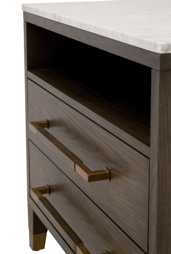 Essentials for Living Cambria 2-Drawer Nightstand Dutch Brown Oak, Bianco Marble, Aged Brass