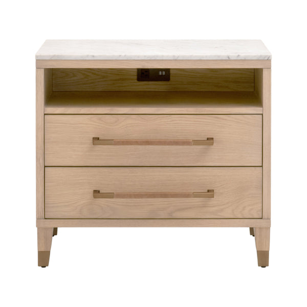 Essentials For Living Cambria 2-drawer Nightstand With Usb Ports - Elegant Oak & Marble Design For Modern Bedrooms Natural Oak,Bianco Marble,Aged Brass Solid Oak Wiid,Oak Veneer,Solid Marble,Mdf,Stainless Steel 5250.Nat-oak/Bia