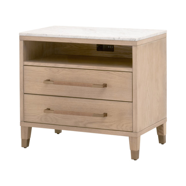 Essentials For Living Cambria 2-drawer Nightstand With Usb Ports - Elegant Oak & Marble Design For Modern Bedrooms Natural Oak,Bianco Marble,Aged Brass Solid Oak Wiid,Oak Veneer,Solid Marble,Mdf,Stainless Steel 5250.Nat-oak/Bia
