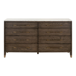 Essentials for Living Cambria 8-Drawer Double Dresser Dutch Brown Oak, Bianco Marble, Aged Brass