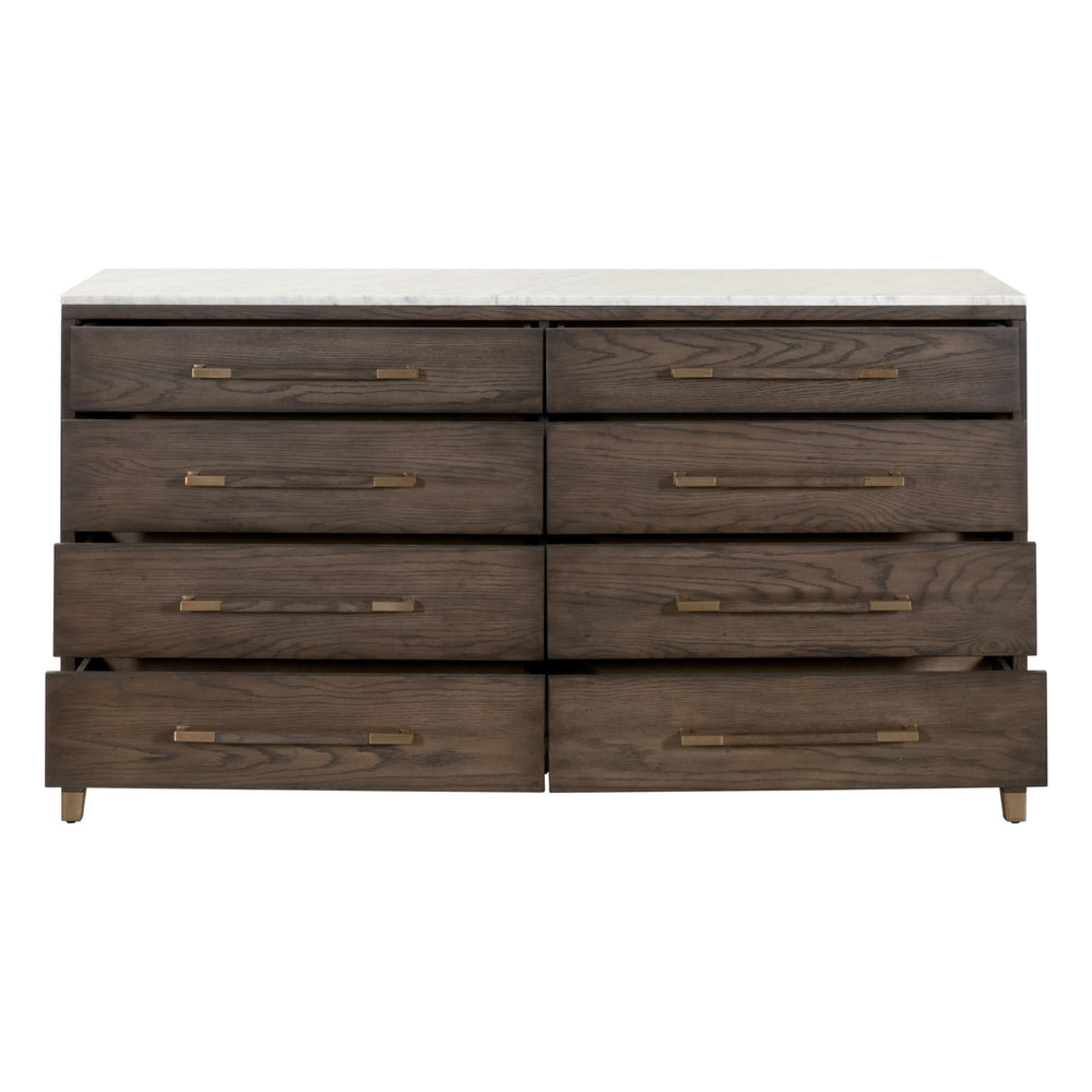Essentials for Living Cambria 8-Drawer Double Dresser Dutch Brown Oak, Bianco Marble, Aged Brass