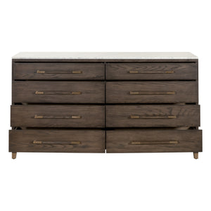Essentials for Living Cambria 8-Drawer Double Dresser Dutch Brown Oak, Bianco Marble, Aged Brass