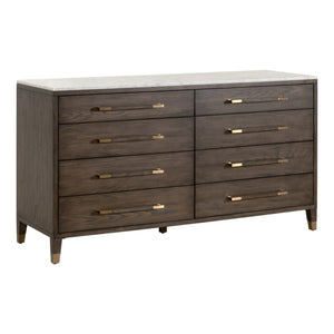Essentials for Living Cambria 8-Drawer Double Dresser Dutch Brown Oak, Bianco Marble, Aged Brass